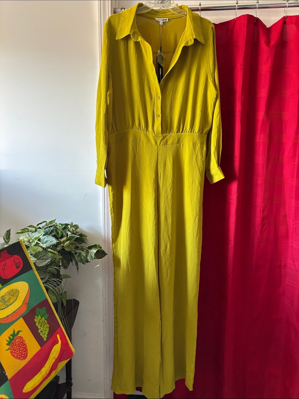 Fashion Nova Lime-Green Button-Front Long Sleeve Jumpsuit